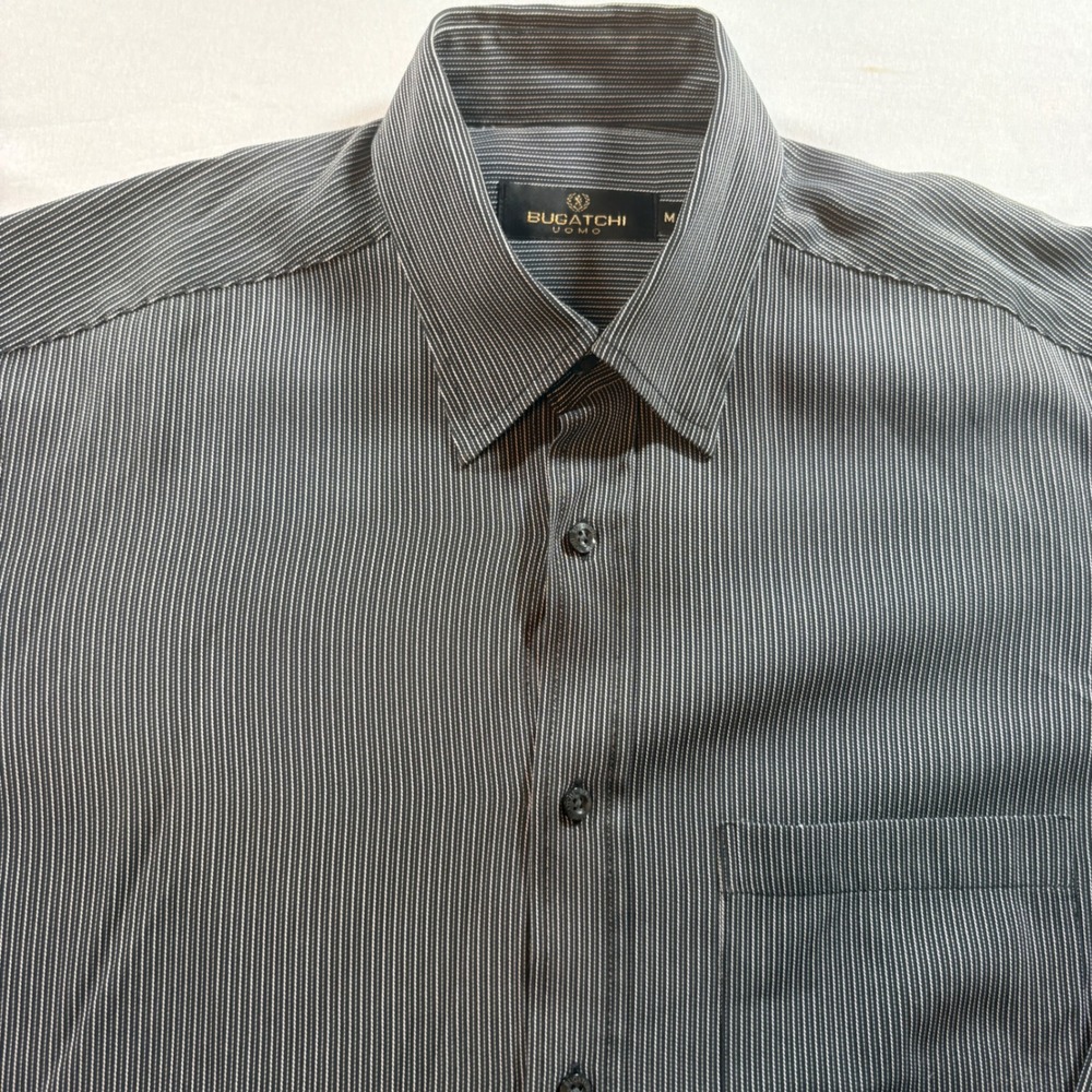 Bugatchi Uomo Button Down Shirt Mens Medium Black White Stripe Modal Blend LS